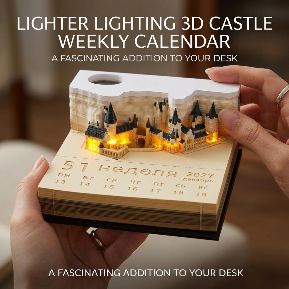 Hogwarts Castle calendar held in hand with LED windows glowing